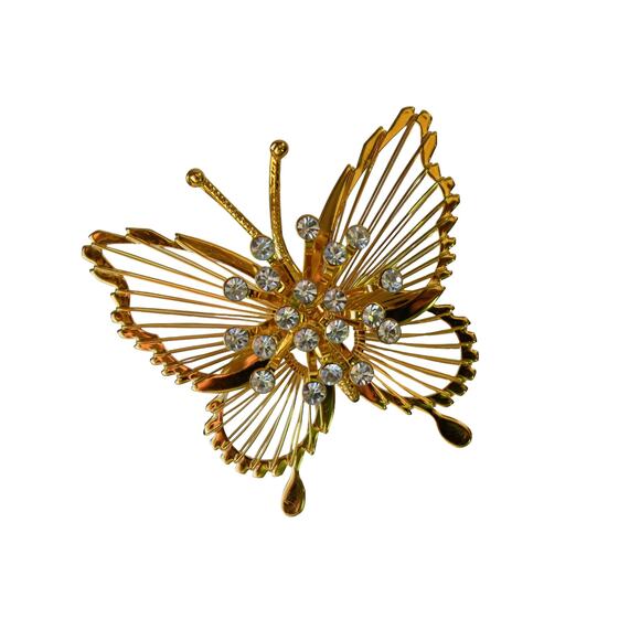 1970s MONET Textured Gold-Plated Filigree Harp Wire Wings Butterfly Pin Brooch - Picture 1 of 4